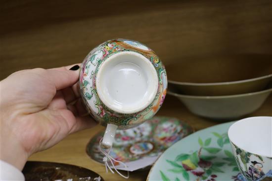 Two Chinese tea bowls , Cantonese cup and saucer, plate and two dishes